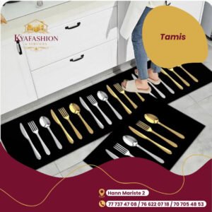 Tapis cuisine motif couverts argente dore