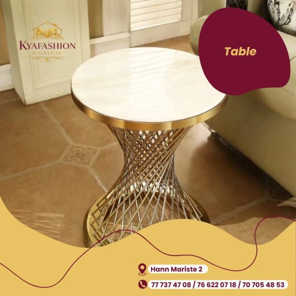 Table basse ronde marbre blanc pieds dores