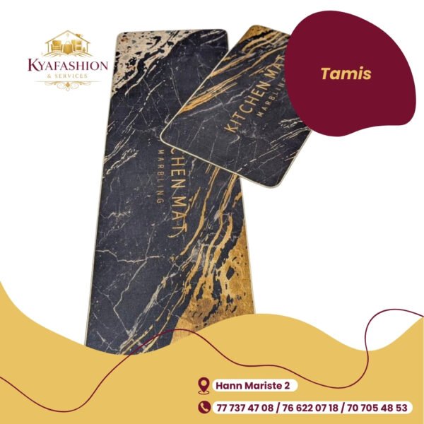 Tapis cuisine marbre noir dore antiderapant