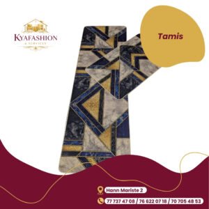 Tapis geometrique bleu dore beige triangles