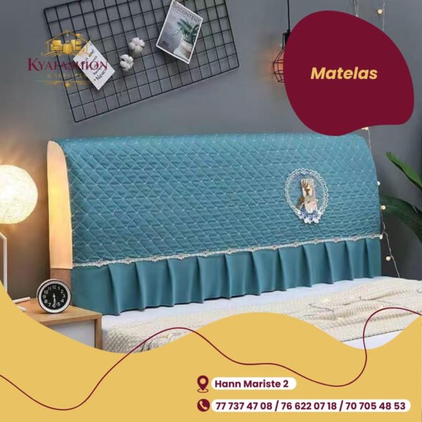 Tete de lit matelassee turquoise volants
