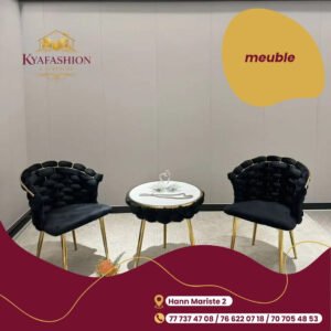 Salon 2 fauteuils noir dore table marbre