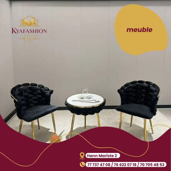 Salon 2 fauteuils noir dore table marbre