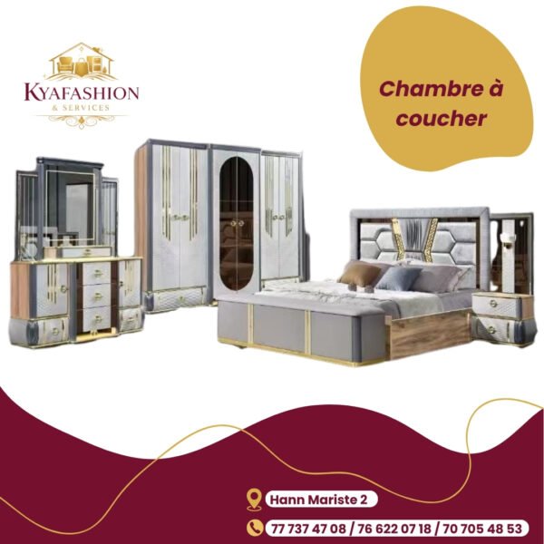 Chambre a coucher complete gris blanc dore