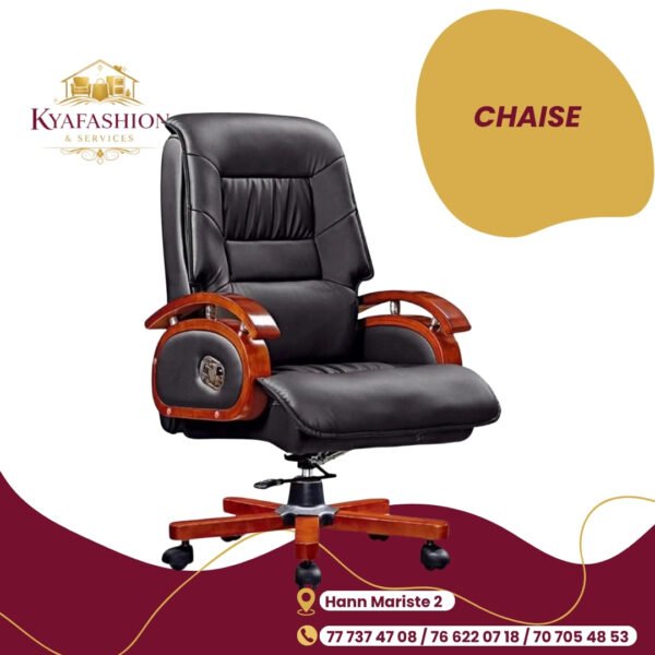 Fauteuil direction cuir noir accoudoirs bois